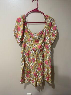Lily Rose Scoop-Neck Shorts Romper in Yellow and Pink